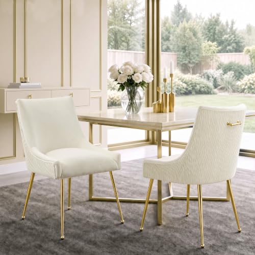 WUTUTUEE Velvet Dining Chairs Set of 2 Gold Legs,Upholstered Velvet Accent Chairs, Pleated Back Design & Gold Pull Handle, Mid Century Modern Chairs for Dining/Kitchen/Living Room,Beige - color: Beige, size: Set of 2
