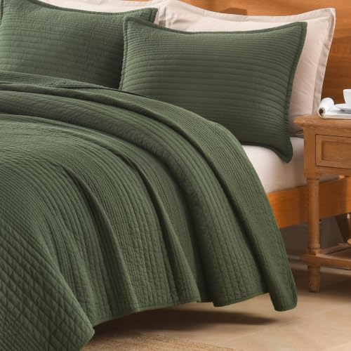 100% Cotton Queen Green Quilt Set, Striped Quilted Bedspread | Soft Lightweight Bedspreads Coverlets Set with 2 Pillow Shams, All Season Use, Soild Bedding for Bedroom, Guest Room, 90"x96" - color: 와이드스티치-아미 그린, size: 퀸(90 x 96인치)