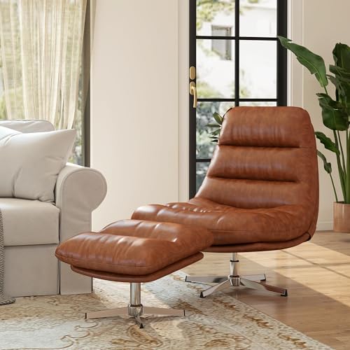 HNY Brown Swivel Lounge Chair with Ottoman Modern PU Leather Accent Chair with Footrest 33'' Wide Oversized Armless Upholstered Reading Chair with Footstool for Living Room Bedroom Comfy - size: 1 SET