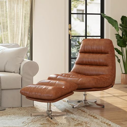 HNY Brown Swivel Lounge Chair with Ottoman Modern PU Leather Accent Chair with Footrest 33'' Wide Oversized Armless Upholstered Reading Chair with Footstool for Living Room Bedroom Comfy - size: 1 SET