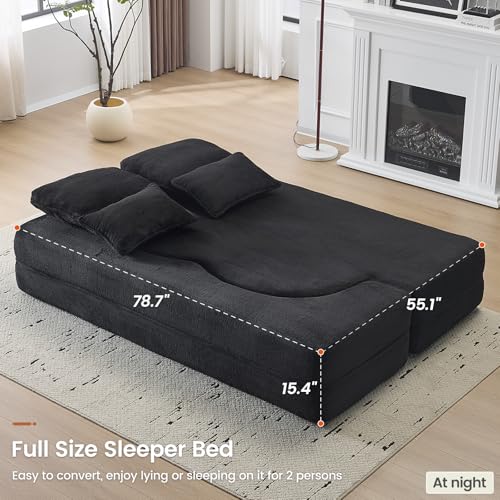 78” Convertible Sofa Bed, Full Size Sleeper Couch, Black | Boneless Folding Loveseat, Deep Seat, Soft Chenille, 4 Pillows, No Assembly, for Guest Living Room Bedroom - color: Black, size: 78"