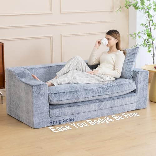 61" Boneless Loveseat Sleeper, Folding Sofa Bed with Faux Fur Cover, L-Grey | Memory Foam Pull Out Futon Bed with Removable Washable Cover, Space-Saving Fold Out Couch for Living Room & Guest Room - color: Light Grey