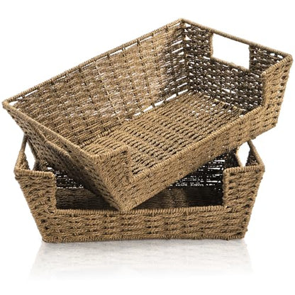 2 Pack Open Front Storage Baskets, Built-in Handles | Brown Paper Rope Woven Basket, 13''L x 10''W x 5''H Pantry Organzier Bins for Shelf, Bedroom, Pantry