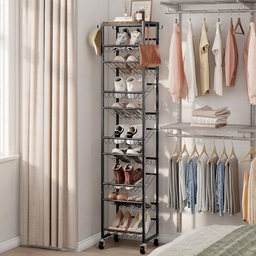 10 Tier Rotating Vertical Shoe Rack Tower, Wooden Tall Shoe Storage Organizer with Hooks, Sturdy Metal Narrow Shoe Shelf for 20 Pairs, Space Saving Rack for Closet Entryway, Rustic Brown - size: 10-tier(13.9 × 11.2 × 65.4)