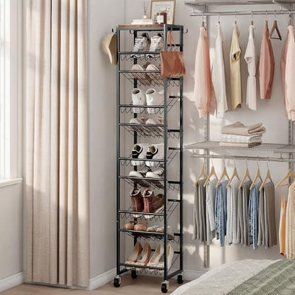 10 Tier Rotating Vertical Shoe Rack Tower, Wooden Tall Shoe Storage Organizer with Hooks, Sturdy Metal Narrow Shoe Shelf for 20 Pairs, Space Saving Rack for Closet Entryway, Rustic Brown - size: 10-tier(13.9 × 11.2 × 65.4)