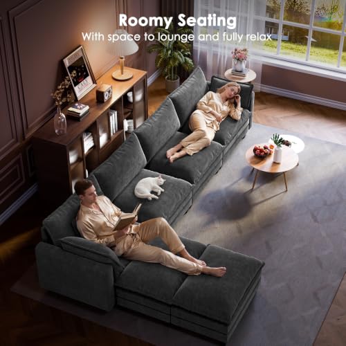 Marsail Modular Sectional Sofa 145.6" U-Shaped Modern Comfy Cloud Couch, 6-Seat Chenille Deep Seat Sofa with Throw Pillow & Movable Ottoman for Living Room, Bedroom and Apartment, Grey - color: Grey, size: 145.6" - U Shape