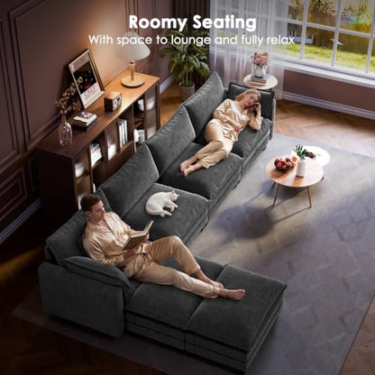 Marsail Modular Sectional Sofa 145.6" U-Shaped Modern Comfy Cloud Couch, 6-Seat Chenille Deep Seat Sofa with Throw Pillow & Movable Ottoman for Living Room, Bedroom and Apartment, Grey - color: Grey, size: 145.6" - U Shape