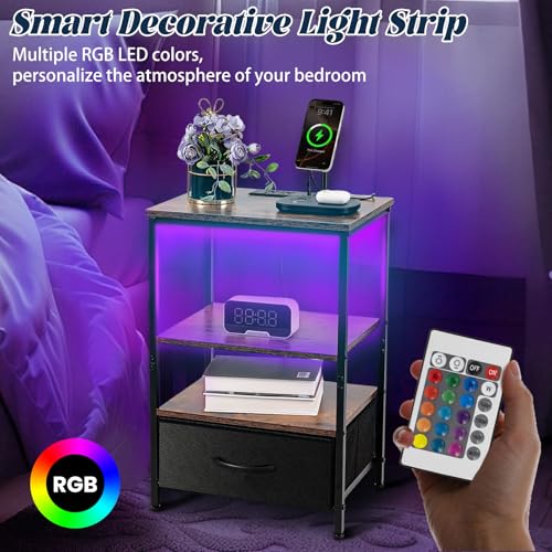 Night Stand with Charging Station, Bedside Table with Adjustable Fabric Drawers, End Table with LED Lights, Side Table with USB Ports Open Shelf for Bedroom, Black - color: Black
