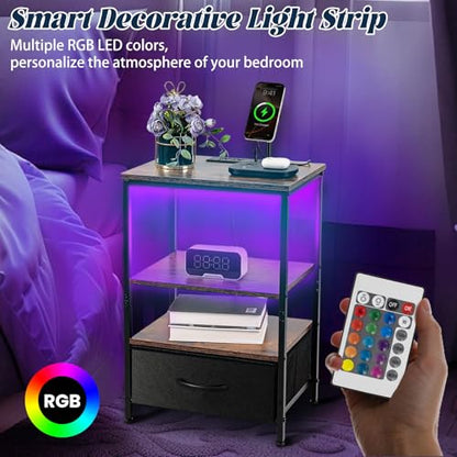 Night Stand with Charging Station, Bedside Table with Adjustable Fabric Drawers, End Table with LED Lights, Side Table with USB Ports Open Shelf for Bedroom, Black - color: Black