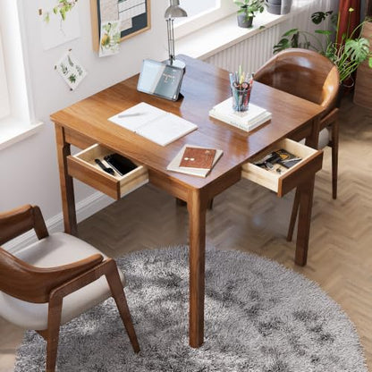 Solid Wood Desk with Drawers - 29.5” Square Dining Table, Mid Century Modern Desks, Rubberwood Small Kitchen Table, Writing Desk with Drawers for Apartment|Bedroom|2-4 People - Walnut Desks - color: Walnut, size: 29.5 in W x 29.5 in D