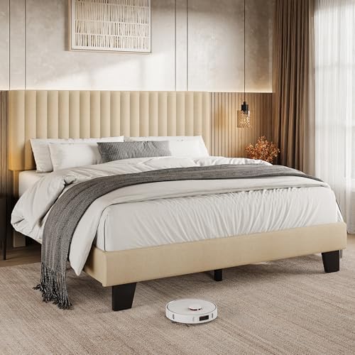 Einhomn Full Size Bed Frame with Headboard, Upholstered Linen Platform Bedframe with Solid Wooden Slats, Noise-Free, No Box Spring Needed, Easy Assembly, Beige - color: Beige, size: Full