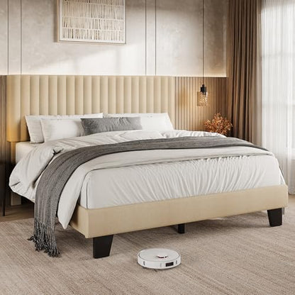 Einhomn Full Size Bed Frame with Headboard, Upholstered Linen Platform Bedframe with Solid Wooden Slats, Noise-Free, No Box Spring Needed, Easy Assembly, Beige - color: Beige, size: Full