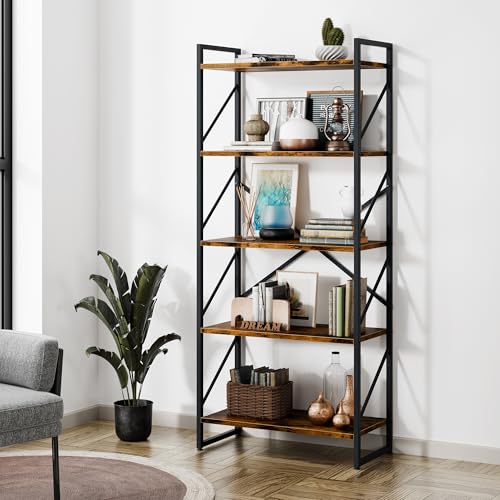 Shintenchi 5 Tiers Bookshelf, Classically Tall Bookcase Shelf, Industrial Book Rack, Modern Book Holder in Bedroom/Living Room/Home/Office, Storage Rack Shelves for Books/Movies-Rustic Brown - color: Rustic Brown