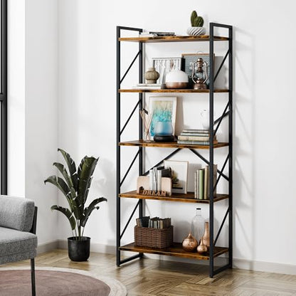 Shintenchi 5 Tiers Bookshelf, Classically Tall Bookcase Shelf, Industrial Book Rack, Modern Book Holder in Bedroom/Living Room/Home/Office, Storage Rack Shelves for Books/Movies-Rustic Brown - color: Rustic Brown