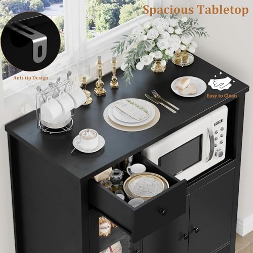 GarveeHome Kitchen Microwave Cabinet with Storage and Drawers, Black | Modern Small Buffet Cabinet, Glass Doors, Adjustable Shelf, Wooden Sideboard, Wide Top, for Dining Room, Living Room - color: Black