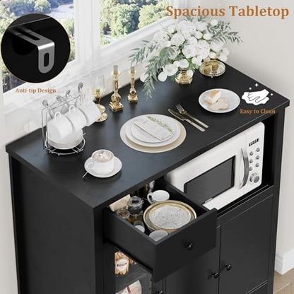 GarveeHome Kitchen Microwave Cabinet with Storage and Drawers, Black | Modern Small Buffet Cabinet, Glass Doors, Adjustable Shelf, Wooden Sideboard, Wide Top, for Dining Room, Living Room - color: Black