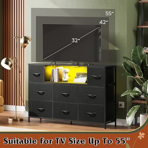 WLIVE LED Dresser TV Stand for 55 Inch TV, 8 Drawers, Black | Fits TVs up to 55 inch, 8 fabric drawers, LED chest of drawers, Built-in power outlet, Living room or bedroom - color: Black