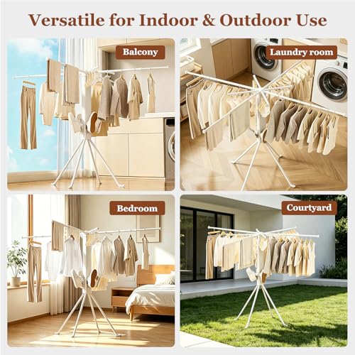 Adjustable Collapsible Umbrella Style Clothes Drying Rack, 4Legs6Telescopic Arms, Space-Saving Freestanding Laundry Airer with Windproof Clips, Easy Setup Indoor Outdoor (White-Plastic) - color: White-plastic