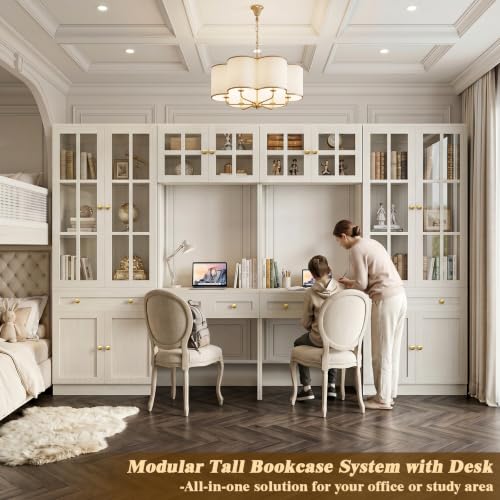 Besiost Farmhouse Desk with Bookcase, Desk with Glass Hutch & Drawers | Writing Desk with Storage Cabinet for Home Office/Kitchen Pantry/Bedroom, Distressed White (55.2" L × 11.8” D × 80" H) - color: Distressed White, size: 55.2"