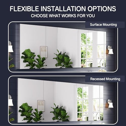 96"x36" Medicine Cabinet with Mirror & Soft Close Hinges, Surface Mount or Recessed Medicine Cabinet with Adjustable Shelves, Bathroom Wall Medicine Cabinet with Storage, Aluminum Alloy Frame, Combo - size: 96" x 36"