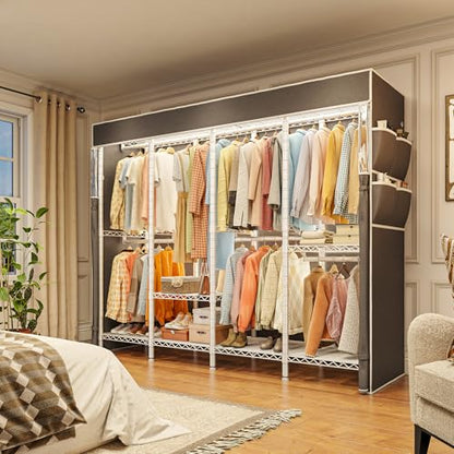 Raybee Heavy Duty Clothes Rack with Cover, 1150lbs Capacity, Adjustable | 76" W Freestanding, Zipper Dust Cover, 5 Rods & 6 Shelves, Tool-Free Assembly, Space-Saving for Closet, Bedroom, White - color: White, style: Clothing Rack with Cover