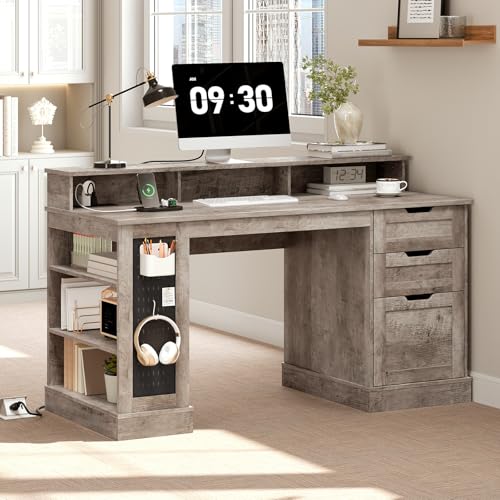 55-Inch Farmhouse Executive Desk with 2 Drawers and File Cabinet, Computer Desk with 3-Tier Storage Shelves, Home Office Desk with Charging Station, Pegboard and Monitor Shelf, Gray - color: Grey