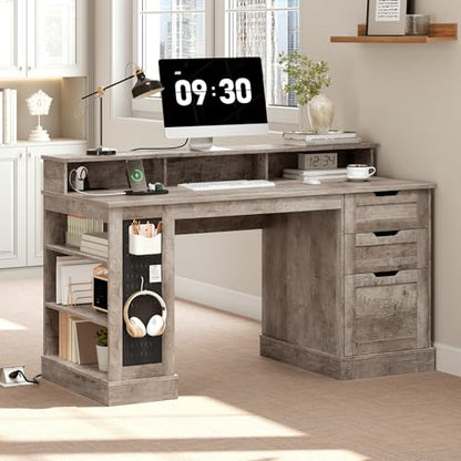 55-Inch Farmhouse Executive Desk with 2 Drawers and File Cabinet, Computer Desk with 3-Tier Storage Shelves, Home Office Desk with Charging Station, Pegboard and Monitor Shelf, Gray - color: Grey