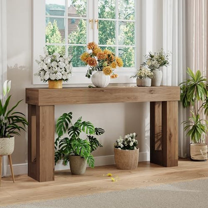 Apicizon 63" Long Console Table for Entryway with LED Light, Farmhouse Wooden Sofa Table Behind Couch, Narrow Entry Way Table for Living Room, Hallway, Entrance, Foyer, Brown - color: Light Brown