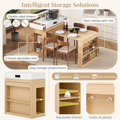 Extendable Dining Table with Folding Tabletop & Power Outlet, Modern Kitchen Island Sideboard with Wheels, Hidden Drawers & USB Charging, Sturdy Buffet Table for Small Spaces (Natural) - color: Natural