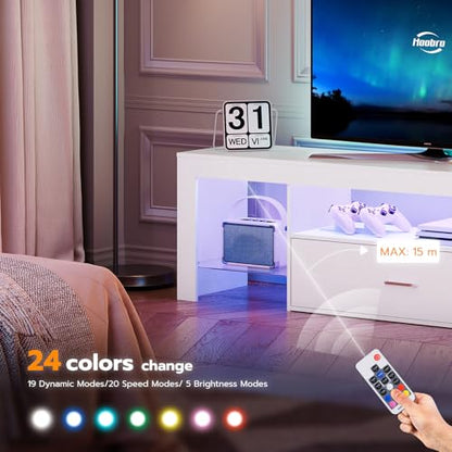HOOBRO LED TV Stand with Power Outlets to 65 inch TV, Gaming Entertainment Center with Glass Shelves and Large Drawer, Modern Media TV Console Table for Living Room Bedroom, White WT14UDDS01 - color: White, size: 55.1 Inch