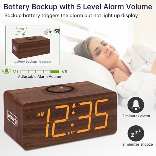 DreamSky Wooden Digital Alarm Clock with Wireless Charging for Bedroom | Bedside Nightstand Clock with Charger Station, USB Port, Large Numbers, Adjustable Volume, Brightness Dimmer, DST - color: Brown