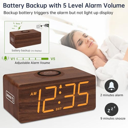 DreamSky Wooden Digital Alarm Clock with Wireless Charging for Bedroom | Bedside Nightstand Clock with Charger Station, USB Port, Large Numbers, Adjustable Volume, Brightness Dimmer, DST - color: Brown