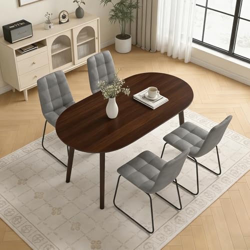 63" Oval Dining Table Set for 4 with Solid Wood Legs | 5 Piece Walnut Dining Table Set for Kitchen and Dining Room Furniture, 4 Grey Dining Chairs, Mid Century Modern - color: Walnut Table C-grey Chairs