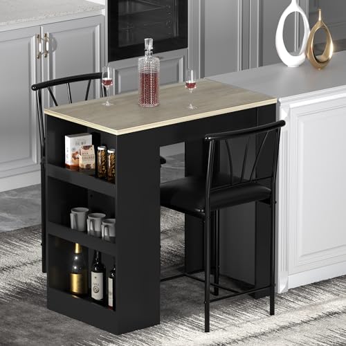 VECELO Small Bar Table and Chairs Tall Kitchen Breakfast Nook with Stools/Dining Set for 2, Storage Shelves, Space-Saving, Gray - color: Grey