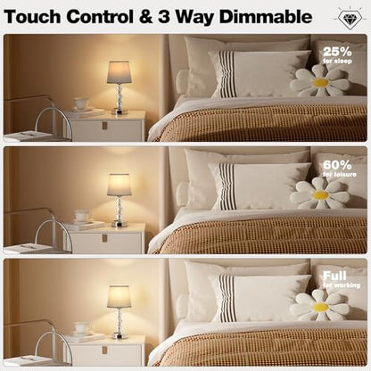 Crystal Table Lamp Set of 2 for Bedroom/Living Room, 14.6in (Gray) | 3 Way Dimmable Touch Control, Bedside Nightstand Light, USB C & A Ports, Metal Base, FREE Bulbs Included, Modern Design