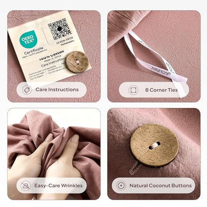 JELLYMONI 100% Washed Cotton Darker Rose Duvet Cover Queen, Linen-Like | OEKO-TEX Certified, Soft, Breathable Percale Bedding with Natural Wrinkle Texture, Button Closure, 3-Piece Set, 90"x90" - color: 01- Darker Rose, size: Queen(90"×90")