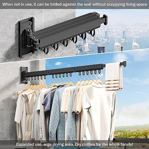 Wall Mounted Foldable Clothes Drying Rack, Heavy Duty 3-Fold Laundry Airer with Ring Hook Design, Space Saving Aluminum Rack for Balcony Bathroom Laundry Room,Black Rings - style: Black-Rings