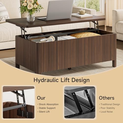 Fluted Lift Top Coffee Table with Storage, Mid Century Modern Coffee Table with Hidden Compartment, Rising Top Wood Center Table for Living Room, Home Office, Rounded Edges (Walnut) - color: Walnut