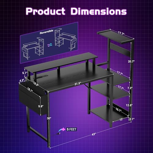 Gaming Desk 43 Inch Computer Table with Storage Shelves & Monitor Stand | LED Setup Style, PC Tower Stand, Reversible Workstation, USB Charging Port, for Home Office Desk, Bedroom, Dorm, Black - size: 43inch