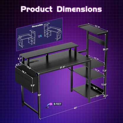 Gaming Desk 43 Inch Computer Table with Storage Shelves & Monitor Stand | LED Setup Style, PC Tower Stand, Reversible Workstation, USB Charging Port, for Home Office Desk, Bedroom, Dorm, Black - size: 43inch