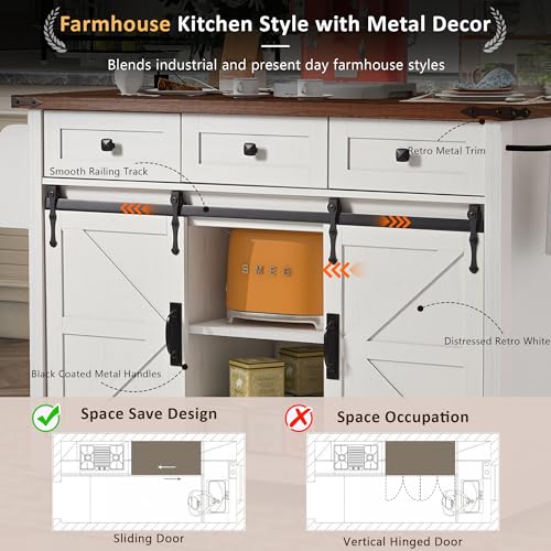 53.7" Kitchen Island with Drop Leaf & Power Outlet, Rolling Kitchen Island Cart On Wheels with 2 Sliding Barn Door, Kitchen Island Table with Storage, for Kitchen, Dining Room (White) - color: White