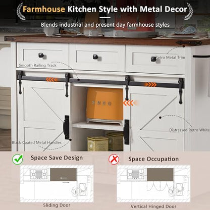 53.7" Kitchen Island with Drop Leaf & Power Outlet, Rolling Kitchen Island Cart On Wheels with 2 Sliding Barn Door, Kitchen Island Table with Storage, for Kitchen, Dining Room (White) - color: White