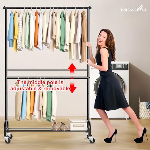MISSLO Small Clothes Racks for Hanging Clothes and Double Rod Garment Rack with Wheels, 2 Pack