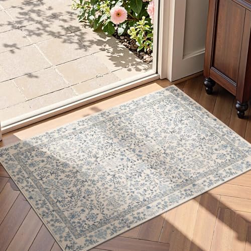 jinchan 2x3 Washable Entryway Area Rug, Floral Non-Slip, Blue/Cream | Soft Low-Pile, Small Botanical Throw Carpet, Indoor Kitchen Door Mat for Front Door Entrance Bathroom - color: Blue/Cream, size: 2' x 3' (Rectangular)