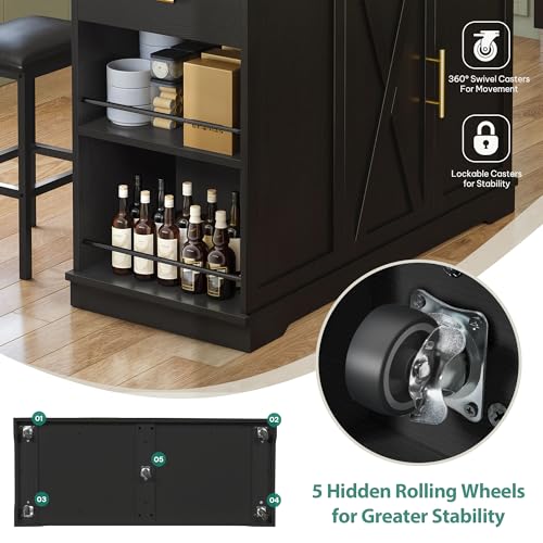 YITAHOME Kitchen Island with Seating | 47" Mobile Storage Island with Trash Can, Drop Leaf & Stainless Steel Countertop, 2 Stools, Spice Rack, Black