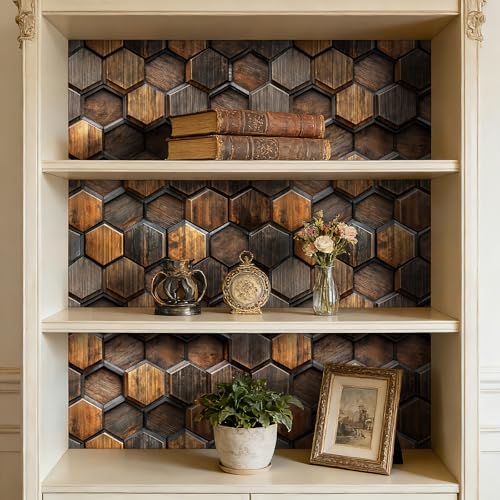 17.5x393 Dark Brown Wood Peel and Stick Wallpaper Log Cabin Wallpaper Decorative Contact Paper Patterns Wood Grain Renter Friendly Backsplash Kitchen Tiles Geometric 3D Wall Covering Accent - size: 17.5x393 Inch