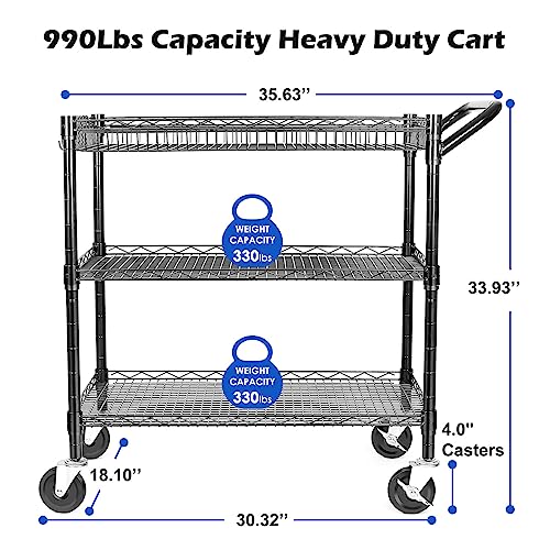 990Lbs Capacity Heavy Duty Rolling Utility Cart, NSF Rolling Carts with Wheels,Commercial Grade Metal Cart with Handle Bar & Shelf Liner,Trolley Serving Cart for Restaurant,Kitchen,Black - color: Black-3 Tier