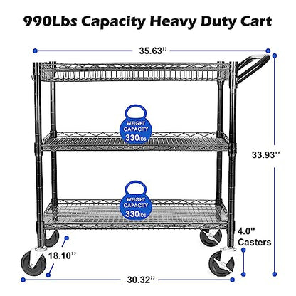 990Lbs Capacity Heavy Duty Rolling Utility Cart, NSF Rolling Carts with Wheels,Commercial Grade Metal Cart with Handle Bar & Shelf Liner,Trolley Serving Cart for Restaurant,Kitchen,Black - color: Black-3 Tier