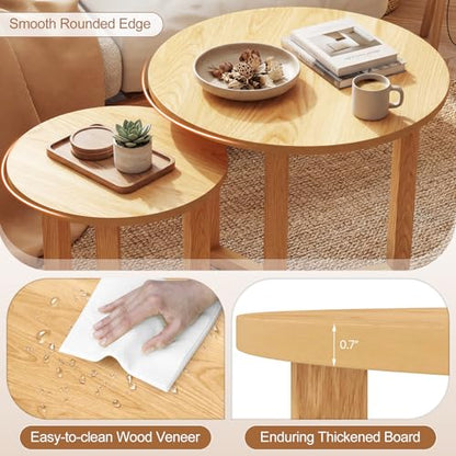GIANTEX Round Nesting Coffee Table Set of 2, Wood End Tables, Natural | Thickened Top & Solid Rubber Wood Legs, Farmhouse Sofa Side Table for Small Spaces Living Room Bedroom - color: Natural