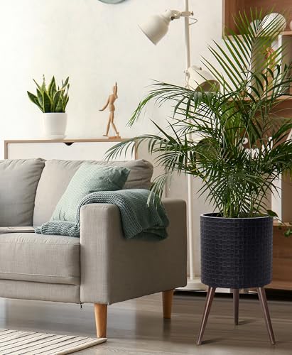 D'vine Dev Planter Pot with Wood Stand, 14 in, Distressed Black, 88-Z-D-5 | Mid-Century Modern Style, Elevated Plant Display, Drainage Hole and Plug, Functional & Stylish, Modern Indoor Planter - color: Distressed Black, size: X-Large